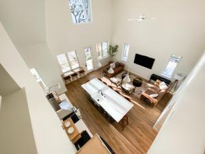 an overhead view of a living room with a couch at Camp Hideaway Gruene in New Braunfels