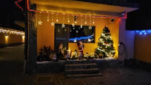 Pensiunea Bella Sacele في ساتشيلي: منزل به شجرة عيد الميلاد وأضواء عيد الميلاد