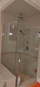 um chuveiro com uma porta de vidro na casa de banho em Ivan house em Richmond