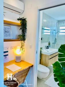 努美阿的住宿－Les Hauteurs de la Baie，浴室配有带卫生间和水槽的书桌。