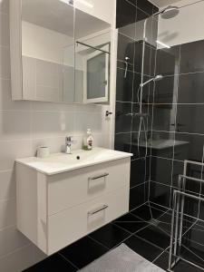 een badkamer met een witte wastafel en een douche bij AAA FeWo Bad Gastein/Böckstein in Bad Gastein