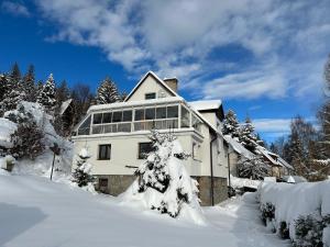 une maison recouverte de neige avec un arbre dans l'établissement Apartmány u vleku - Podkrovní apartmán, à Karlova Studánka