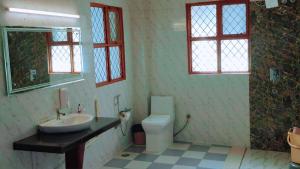 uma casa de banho com um lavatório, um WC e janelas em The ROI Palace em Faridabad