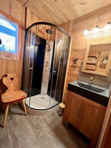 ein Badezimmer mit Dusche und Waschbecken in einem Zimmer in der Unterkunft l'écureuil in Saint-Laurent-en-Grandvaux