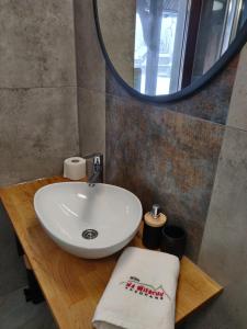a bathroom with a white sink and a mirror at Willa Na Wierchu in Zakopane