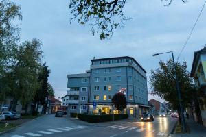 un edificio alto en una calle de la ciudad con una calle en Art Hotel, en Slavonski Brod