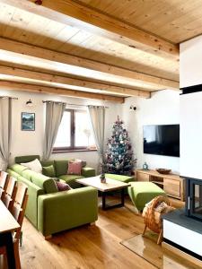 a living room with a green couch and a christmas tree at Chata pod horou in Stará Lesná