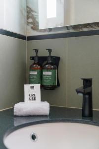 a bathroom sink with two bottles of liquid at voco Paris - Porte de Clichy, an IHG Hotel in Clichy