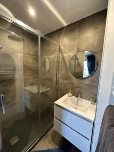 a bathroom with a shower and a sink and a mirror at Le Spanorama; gîte premium in Vincelles +27 photos