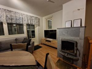 un salon avec une cheminée et une télévision dans l'établissement Levi -Sky Slope Apartment - 3 Bedrooms, à Sirkka