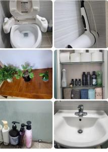 a collage of photos of a bathroom with a toilet at Donghae sea hill House in Yŏngdŏk
