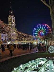 a crowd of people walking around a city with a ferris wheel at Ardelean Apartment in Oradea