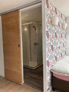 a bedroom with a shower and a sliding glass door at L'EAU QUI DORT - Chambres et Tables d'hôtes in Pleslin-Trigavou