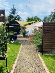 a garden with a tent and some potted plants at Lotus Glamping in Tiszalök