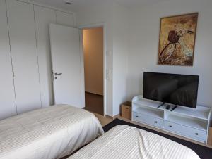 a bedroom with a bed and a flat screen tv at High-End Modern 2 Bed w. Garage in Belair in Luxembourg