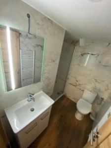 La salle de bains est pourvue d'un lavabo, de toilettes et d'un miroir. dans l'établissement Chata TRI GROŠE 2, à Námestovo
