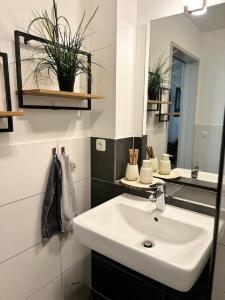 ein Badezimmer mit einem weißen Waschbecken und einem Spiegel in der Unterkunft Charming Homes - Studio 20 in Wolfsburg