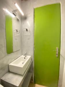 een badkamer met een groene deur en een wastafel bij Athens City Themis 5 in Athene