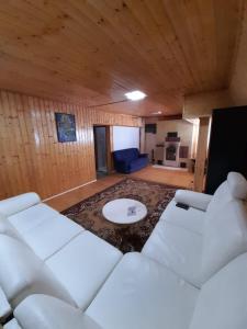 a living room with two white couches and a table at Vilele Birta in Văliug