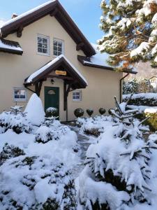 a house covered in snow in front of it at Molonówka Guest House in Szczyrk