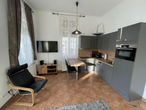 cocina con mesa y sillas en una habitación en Siegemund_ Villa To Hus_ Apparteme, en Neuhof