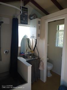 La petite salle de bains est pourvue d'un lavabo et de toilettes. dans l'établissement Clarks beach batch snatch, à Auckland