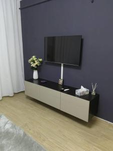 a living room with a tv on a blue wall at CozyApartment14 in Roşu