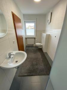 a bathroom with a sink and a toilet at Ferienwohnung Flussufer No.12 in Schweich
