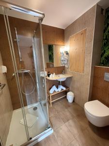 a bathroom with a shower and a toilet and a sink at Mosaikhotel in Saint-Jean-de-Luz
