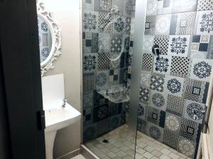 a bathroom with a shower with a sink and a mirror at Elephant Springs Apartments in Bela-Bela