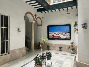 a living room with a tv on a wall with plants at Apartamento Encanto Gaditano con Terraza by Cádiz Time in Cádiz