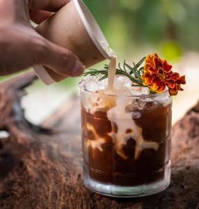 a person is putting a flower on a drink at Lhong Chiang Dao Glamping หลงเชียงดาว in Chiang Dao