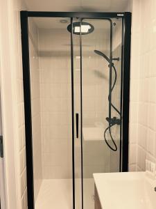 um chuveiro de vidro em um banheiro com pia em Studio Sarah em De Panne