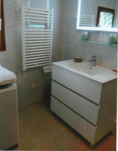łazienka z białą umywalką i oknem w obiekcie L'epicea w mieście Saint-Parres-aux-Tertres