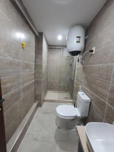 a bathroom with a toilet and a shower and a sink at Saraya Abbas ELaser Street-families only in Alexandria
