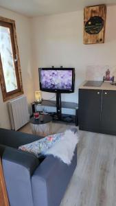 a living room with a couch and a flat screen tv at La cabane de rose in Fresse-sur-Moselle +10 photos