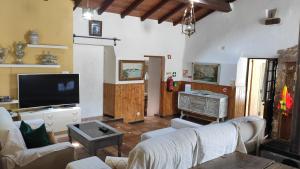 ein Wohnzimmer mit Sofas und einem Flachbild-TV in der Unterkunft Casal do Varatojo in Alcobaça