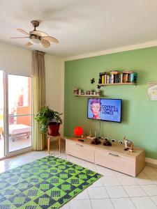 a living room with a flat screen tv on a green wall at PORT DO SOL-free wi-fi no limits in Sal Rei