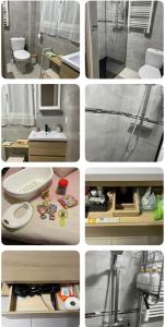 un collage de photos d'une salle de bains avec douche dans l'établissement Cosy, à Ivry-sur-Seine