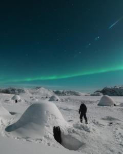 a person standing in the snow under the aurora at Igloo Lodge in Ilulissat