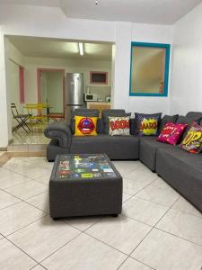 a living room with a gray couch with colorful pillows at grounfloor flat furnished swimming pool in Flic-en-Flac