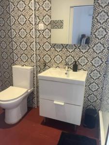 uma casa de banho com um WC, um lavatório e um espelho. em Belle maison Centre Sérignan em Sérignan