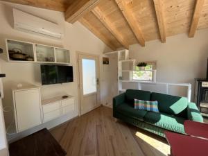 a living room with a green couch and a television at La Casina a Treggiaia in Treggiaia