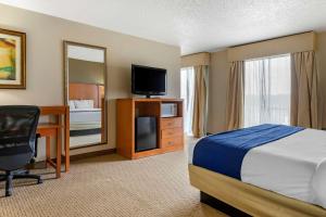 オーバーン・ヒルズにあるComfort Suites Auburn Hills-Detroitのベッド、デスク、テレビが備わるホテルルームです。