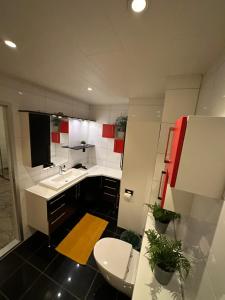 a small kitchen with a sink and a toilet at Recently renovated house in the heart of tromsdalen in Tromsø