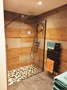 een badkamer met een douche en een glazen deur bij "Le Cabanon cendré" petit chalet cosy au coeur de Gérardmer in Gérardmer