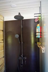 a shower in a room with a black wall at Kakerdaja Private Sauna in Vose