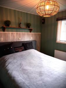 um quarto com uma cama e um lustre em Chalet Buizerd in Koudhoorn #omgeven door bos# tussen Garderen en Putten em Putten