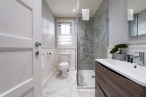 a bathroom with a shower and a toilet and a sink at Escape Ordinary at Lough Erne Golf Village in Enniskillen