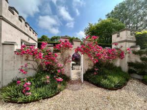 a garden with pink flowers on a wall at The Pavilion in Long Bredy